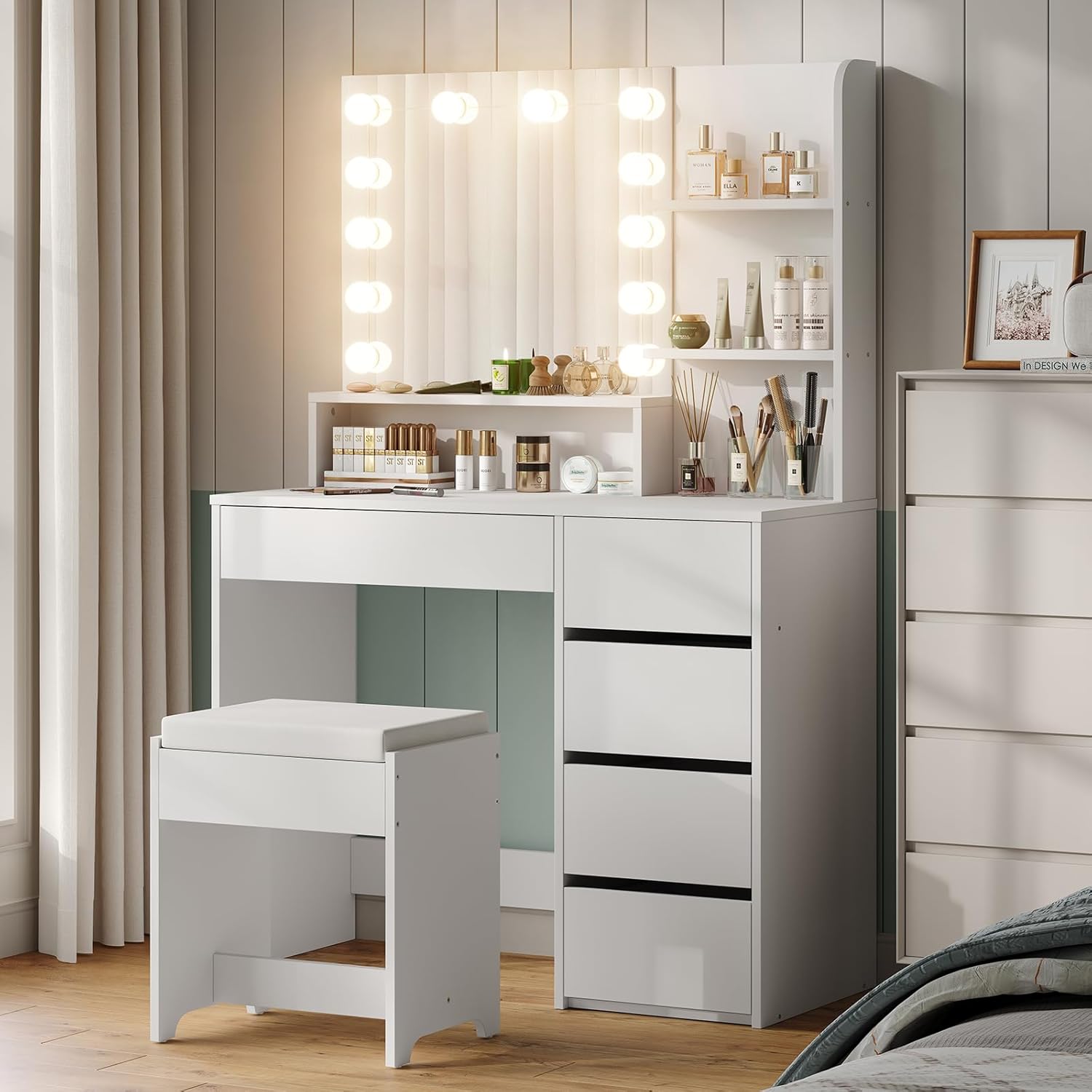 Furniouse Vanity Mirror with Lights and Table Set with 5 Drawers