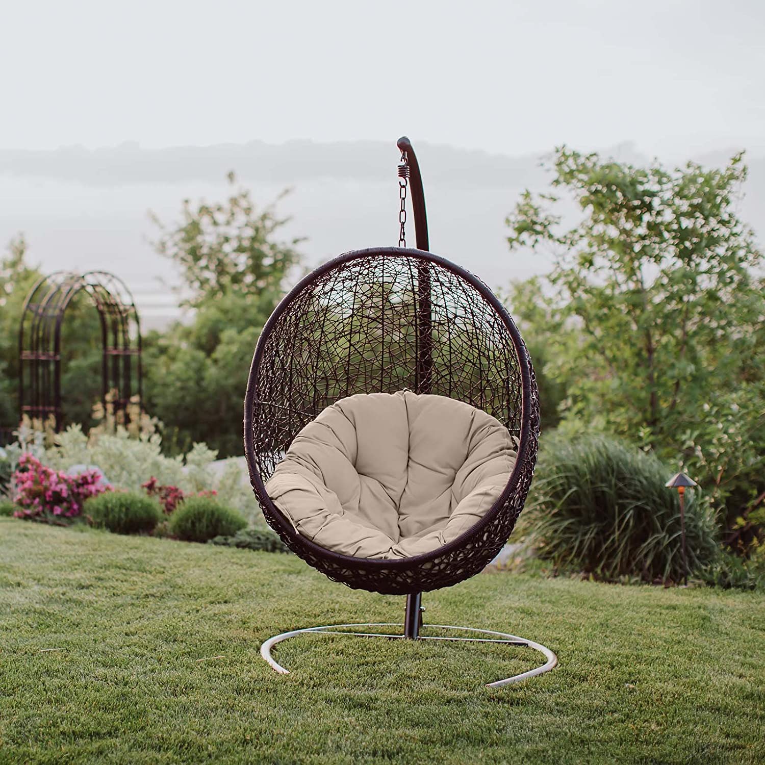 EEI739BEISET Encase Wicker Rattan Outdoor Patio Porch Lounge Egg, Swing Chair with Stand, Beige