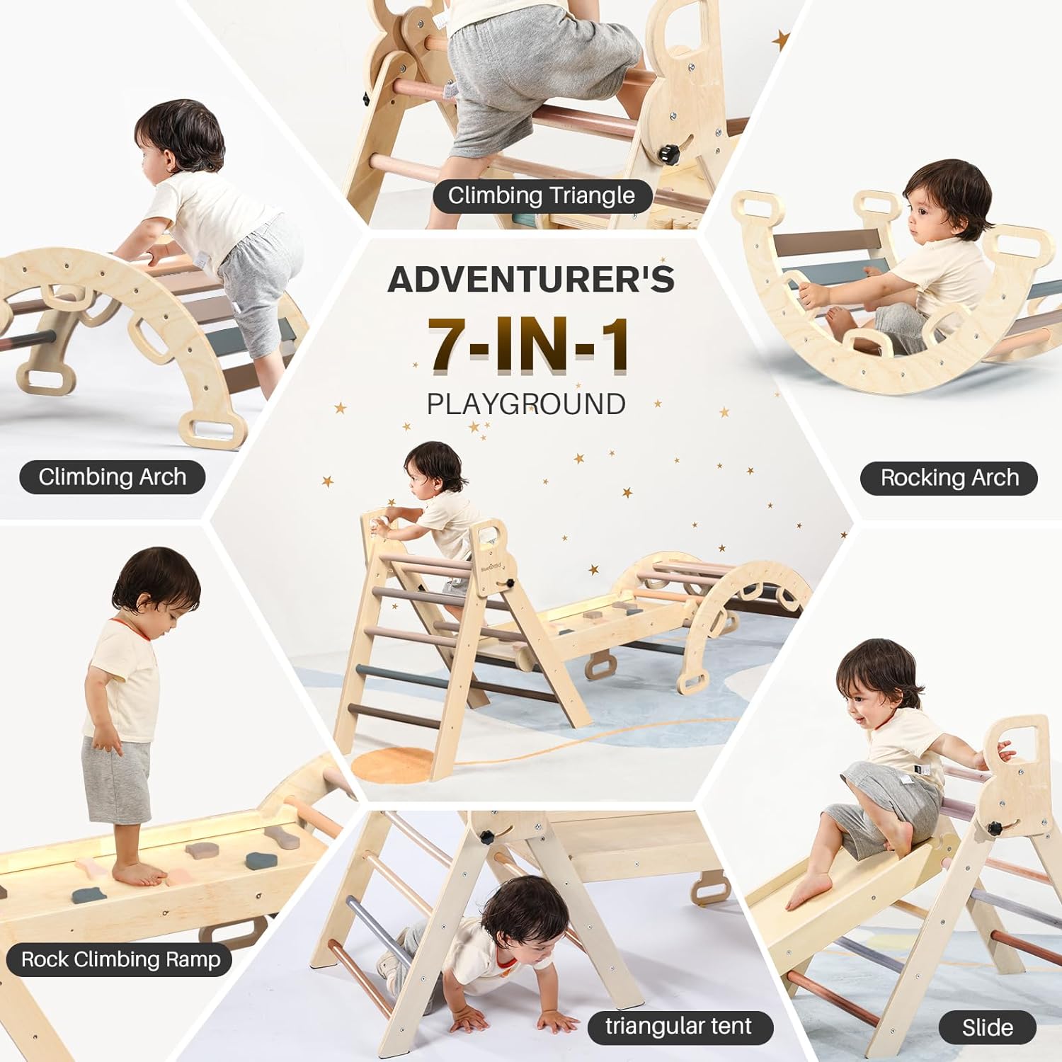 Pikler Triangle Set 7in1 Foldable Baby Climbing Toys Wooden Montessori Climbing Set with Arch&Ramp&Ladder Baby Climber Indoor Jungle Gyms for Toddlers Montessori Toys - Rainbow