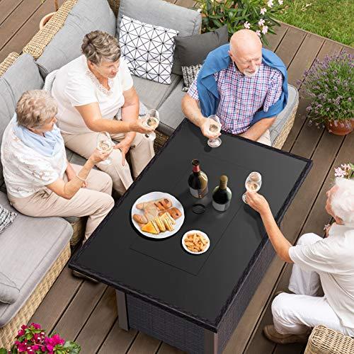 BLUBERY 44” Propane Fire Pit Table, 50,000 BTU PE Rattan Gas Fire Pit with Black Tempered Glass Tabletop, Glass Wind Guard, AutoIgnition, White Glass Stone, ETL CERT
