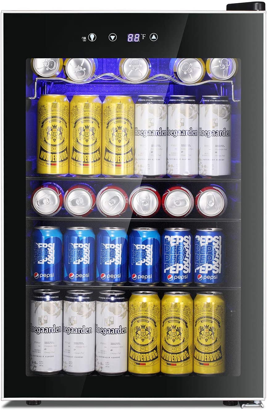 Beverage Refrigerator Cooler120 Can Mini Fridge Glass Door for Soda Beer Wine Stainless Steel Glass Door Small Drink Dispenser Machine Digital Display for Home, Office Bar,45cuft