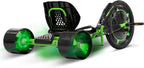 20-inch drift tricycle, with smooth lines and comfortable design, adjustable seat, sturdy steel frame, easy to operate, suitable for children over 8 years old, equipped with LED lighting and foot brakes, available in green and black colors.
