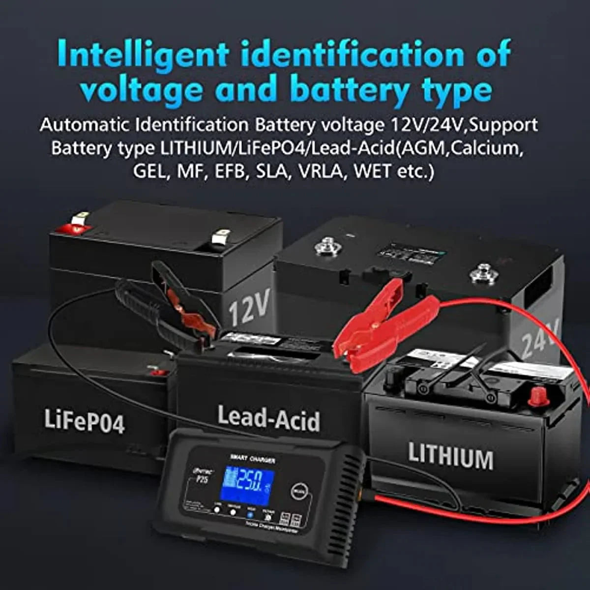 25-Amp Smart Battery Charger,Lithium,LiFePO4,Lead-Acid AGM/Gel/SLA.. Car Battery Charger,Trickle Charger, Maintainer/deep Cycle Charger,12V/25A and 24V/13A,for Motorcy,Boat,Lawn Mower,Golf cart..