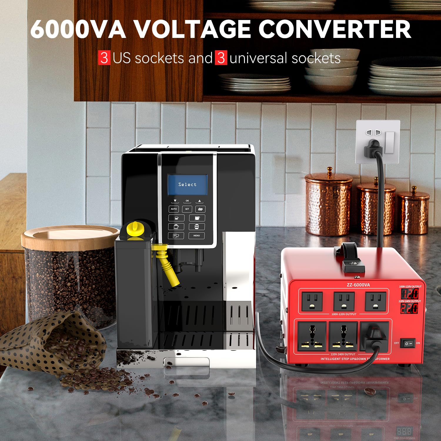 6000 Watt Voltage Converter Transformer Heavy Duty Step Up/Down Power Converter 220V to 110V, 110V to 220V with 3 US Outlets, 3 Universal Outlets, LCD Display, Circuit Breaker Protection