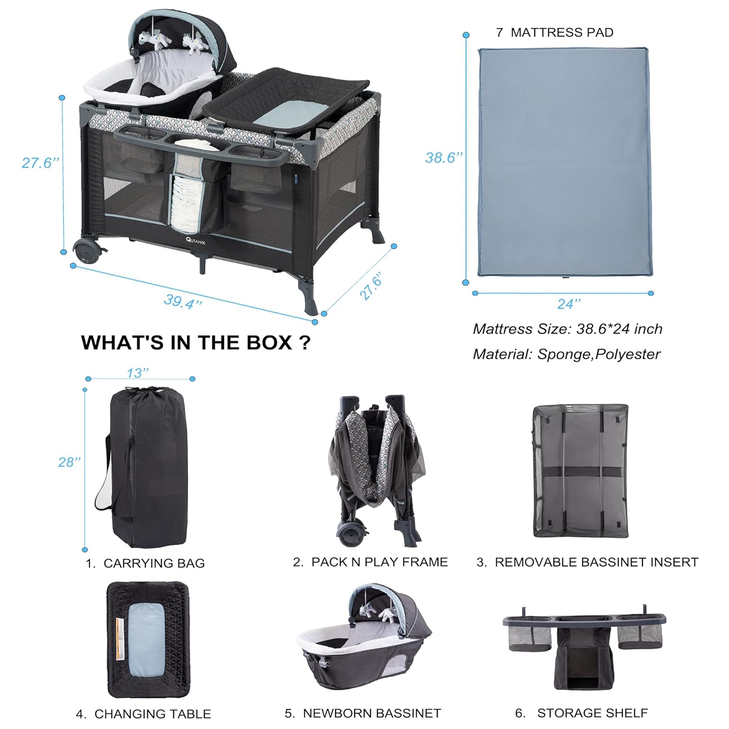 QUTANIX 5 in 1 Multifunctional Pack and Play with Bassinets