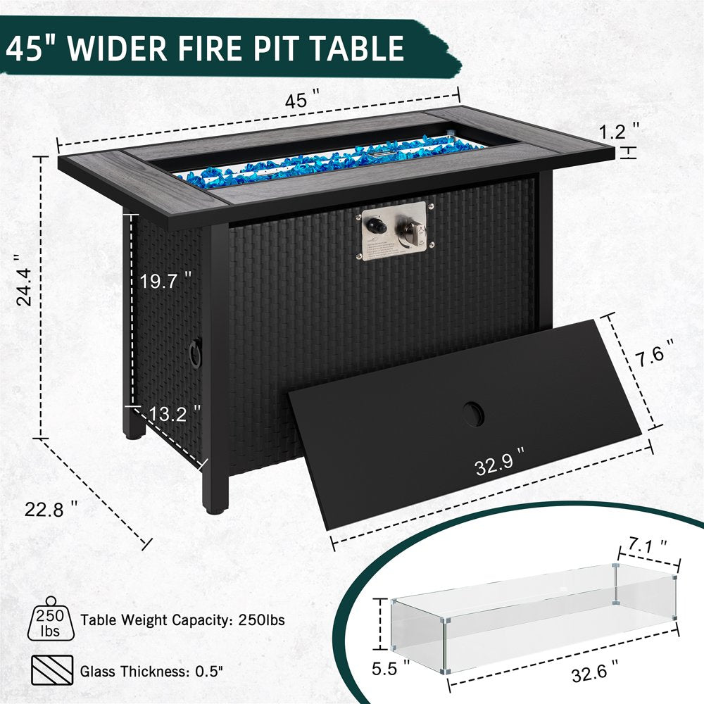 Walsunny 45′′ Steel Propane Fire Pit Table, 50,000 BTU, Rattan Design, 2-in-1 Patio Table with Lid, Lava Rock, and Glass Wind Guard