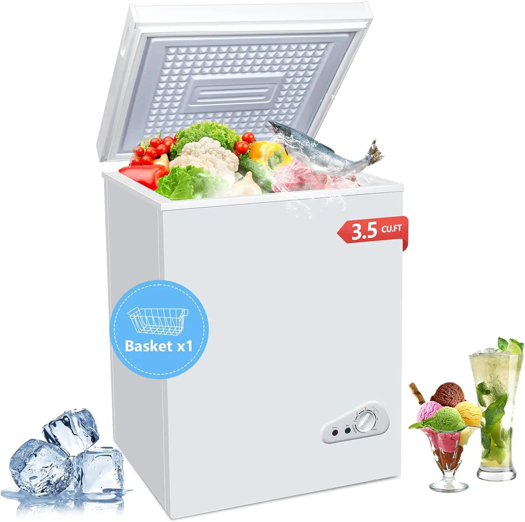 3.5 Cu.Ft Chest Freezer with a Removable Basket 7 Gears Adjustable Temperature Control(-18F to -46F), Deep Compact Freezer for Garage, Office, Basement, House, Kitchen, Shop, RVs-White