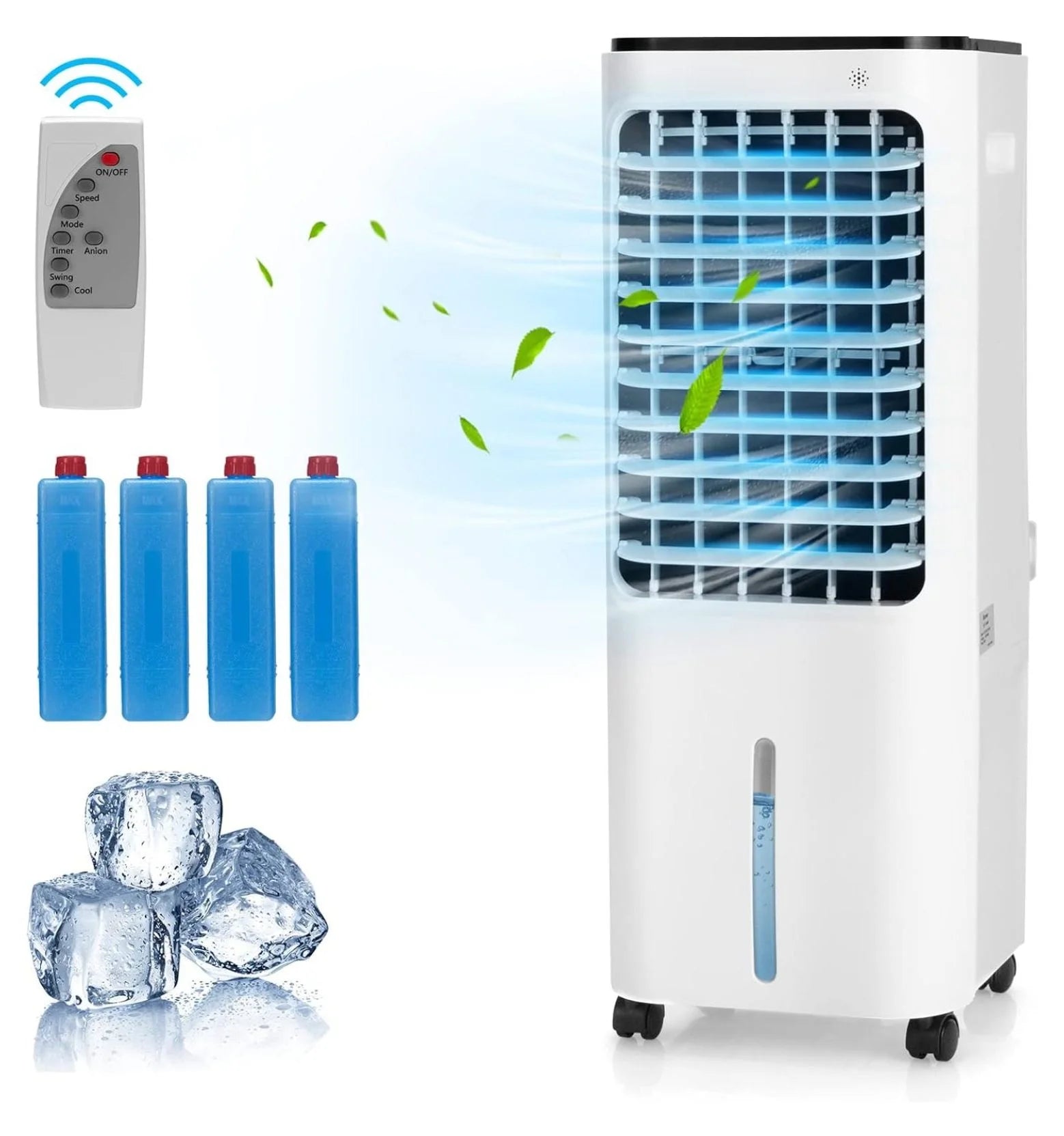 Evaporative Cooler, Include Control, 4 Ice Packs, Bladeless Fan with 4 Wind Modes, 3 Speeds, 7.5H Timer, 12L Water , LED Display, Portable Air Cooler for Indoor Use, Bedroom, White