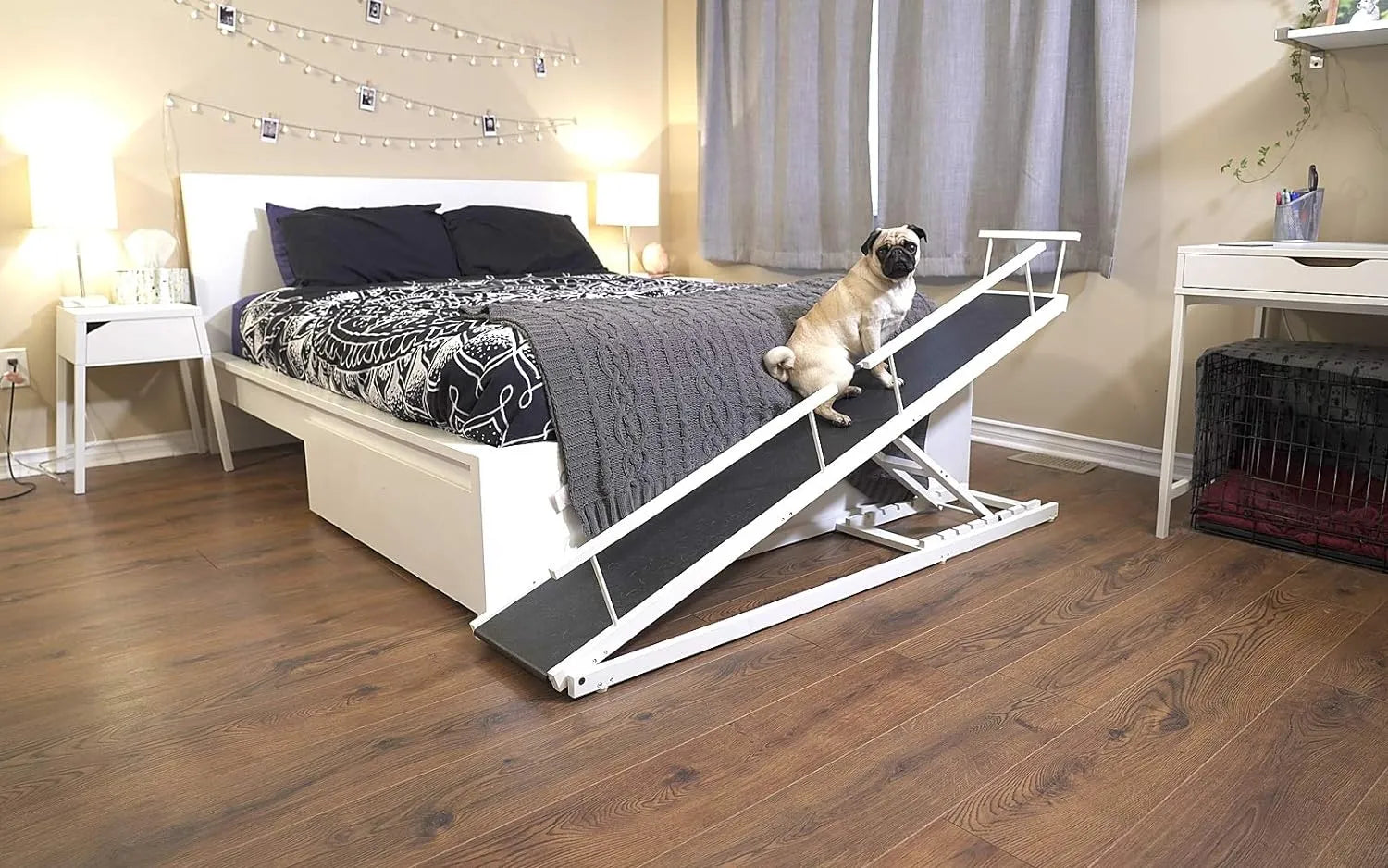 Dog Ramp for Beds - Adjustable up to 37" High Beds with Low Incline, Safety Rails & Anti-Slip Grip, for Small Dogs up to 50lbs - Solid Hardwood, Made in North America
