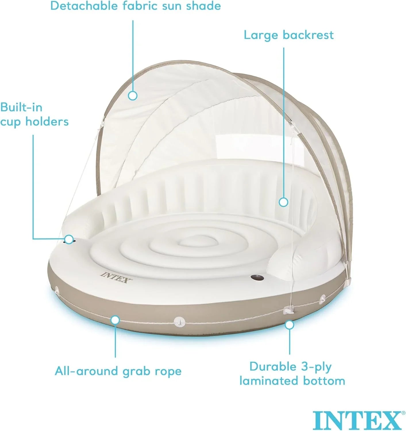 58292EP Canopy Island Inflatable Pool Float: Comfortable Lounge Surface – Built-in Cup Holders – Detachable Sunshade – 440lb Max Weight Capacity – 78.5" x 59"