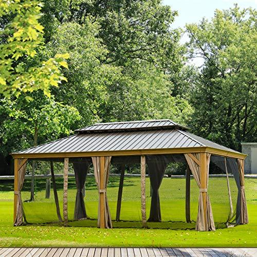 Outdoor Hardtop Gazebo 2021 New – Galvanized Steel Double Roof,Patio Gazebo Canopy with Privacy Curtains and Netting,WoodLooking Finish Aluminum Frame Cavus 12'X20′ by domi outdoor living