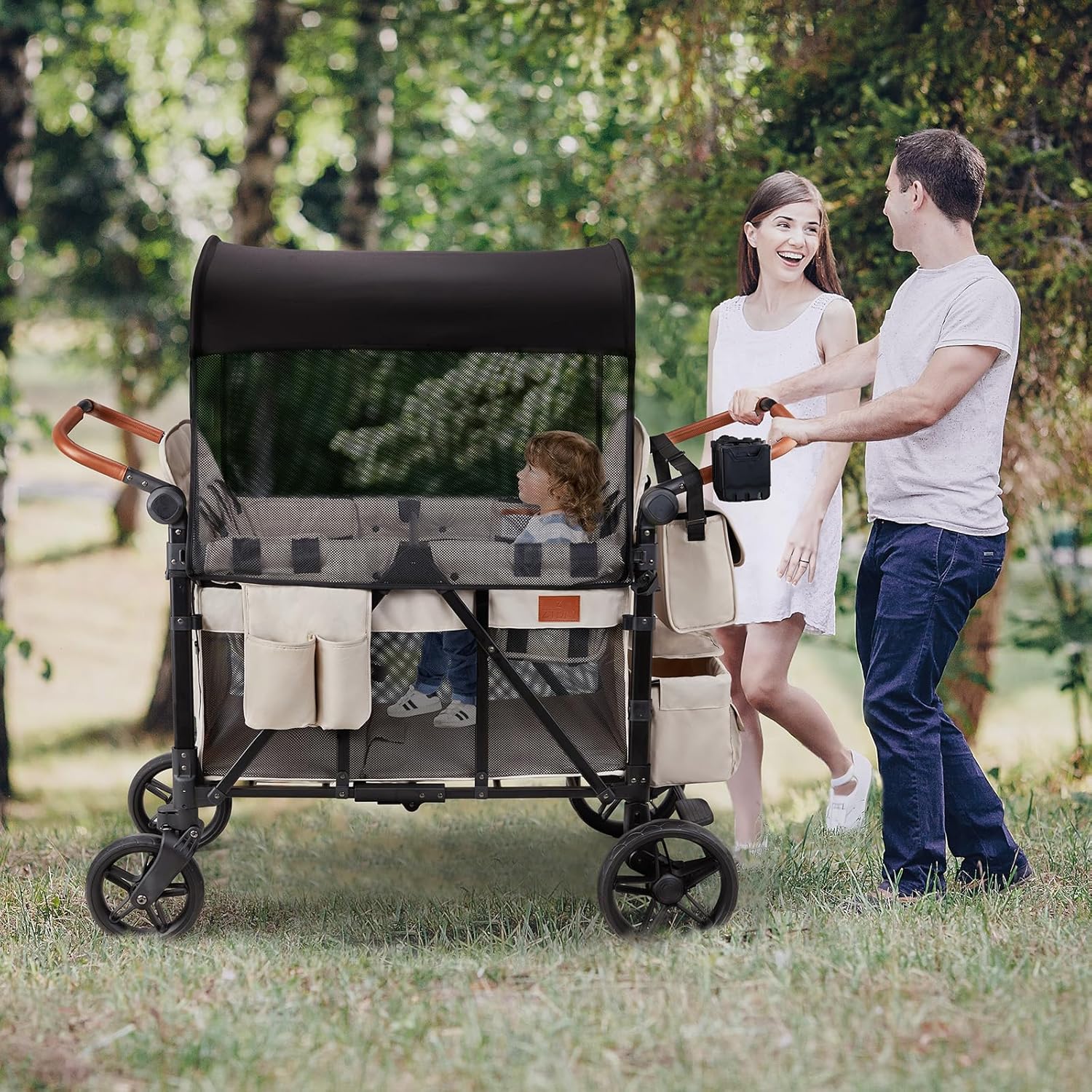 Wagon Stroller for 4 Kids, All-Terrain Wagon for Toddler with Canopy, Parent Organizer, Shoulder Bag, Adjustable Handlebar, Phone Holder, High Seat & 5 Point Harness, Ultimate Quad (Black)