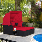RELAX4LIFE Patio Outdoor Daybed with Canopy, Wicker Sunbed w/Cushions, 4 Pillows & 2 Retractable Side Trays, 2-Person Lounge Bed Conversation for Poolside Porch Garden, Rattan Outdoor Bed (Turquoise)
