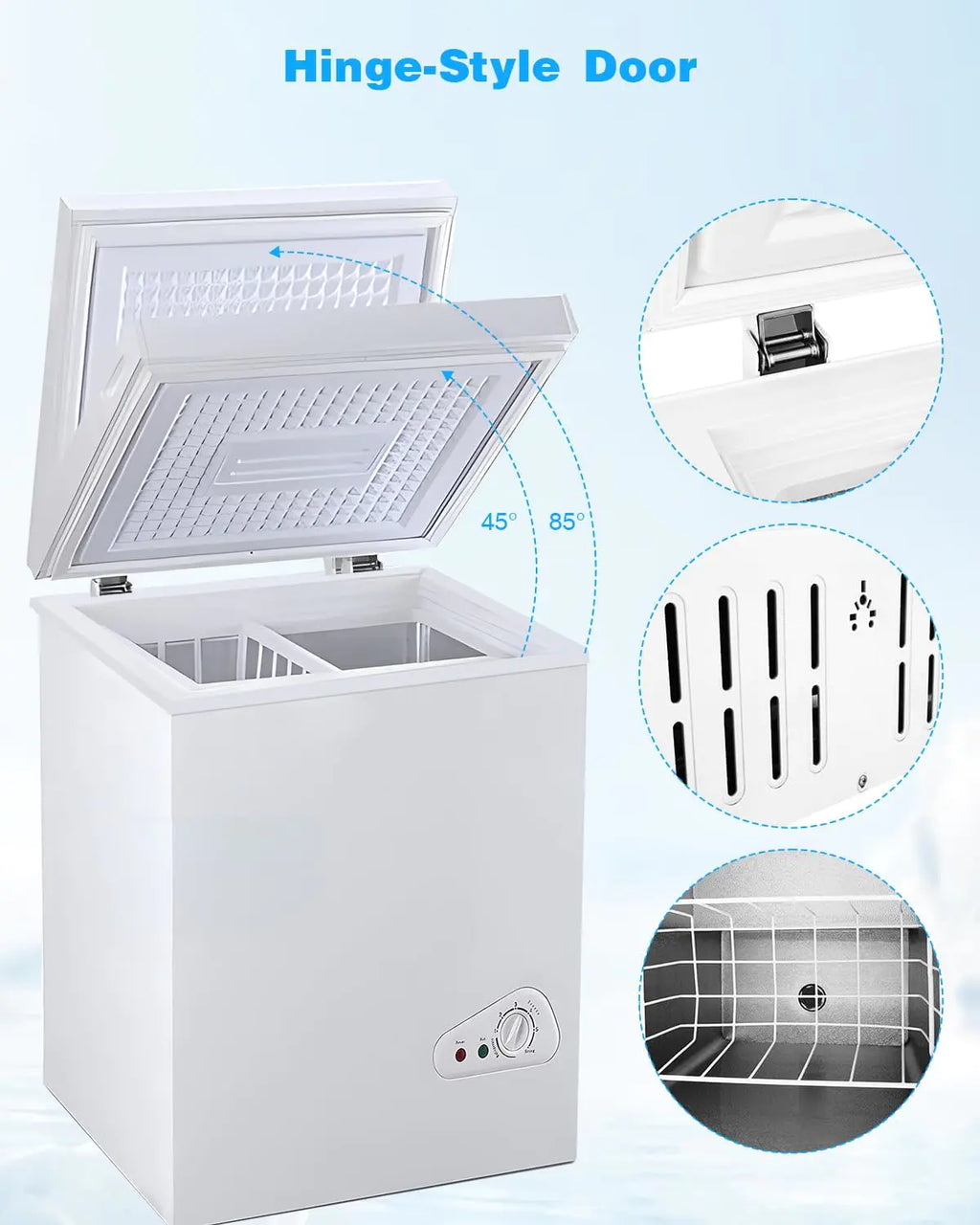 3.5 Cu.Ft Chest Freezer with a Removable Basket 7 Gears Adjustable Temperature Control(-18°F to -46°F), Deep Compact Freezer for Garage, Office, Basement, House, Kitchen, Shop, RVs-White