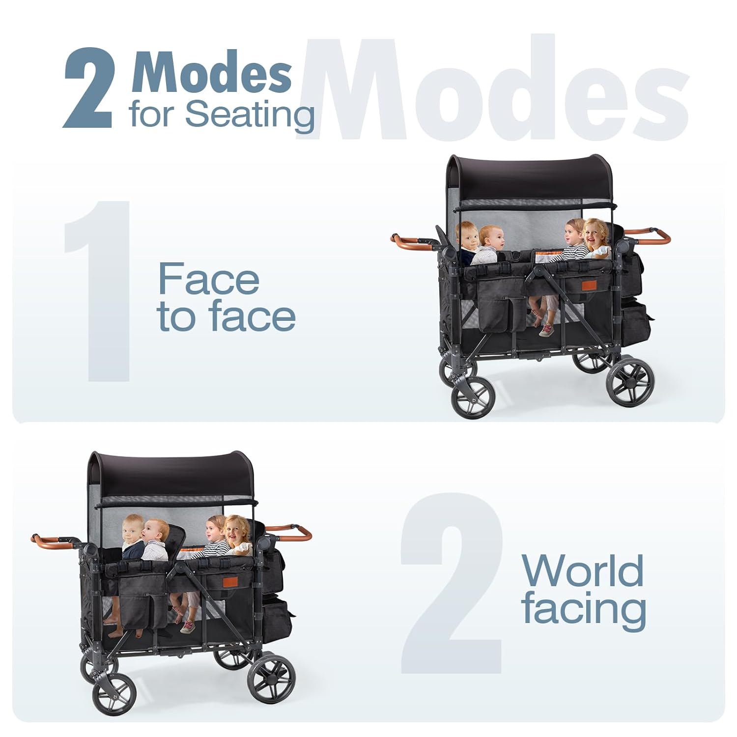 Wagon Stroller for 4 Kids, All-Terrain Wagon for Toddler with Canopy, Parent Organizer, Shoulder Bag, Adjustable Handlebar, Phone Holder, High Seat & 5 Point Harness, Ultimate Quad (Black)