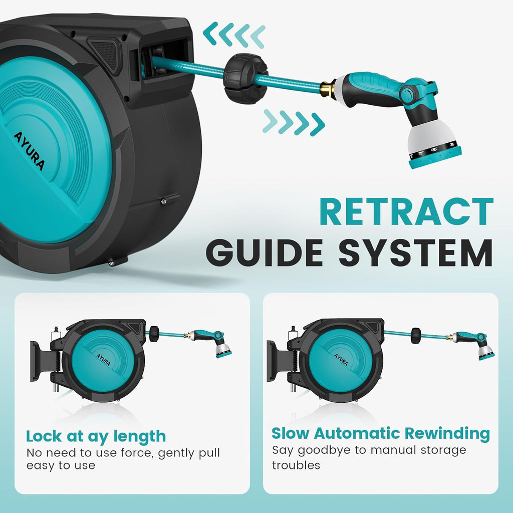 AYURA Retractable Garden Hose Reel, Any Length Lock, Slow Auto-Rewind, 10 Pattern Nozzle