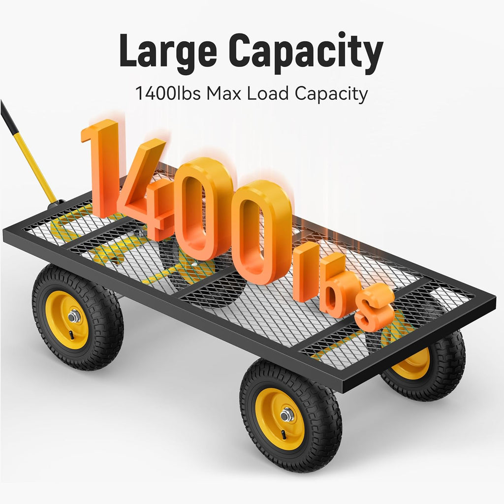 Steel Garden Cart, 2-in-1 1400 lbs Heavy Duty Utility Wagon, with Removable Mesh Sides to Convert into Flatbed, 240° U-Turn 13" Pneumatic Tires Garden Wagon for Farm Yard Lawn Garden Camping