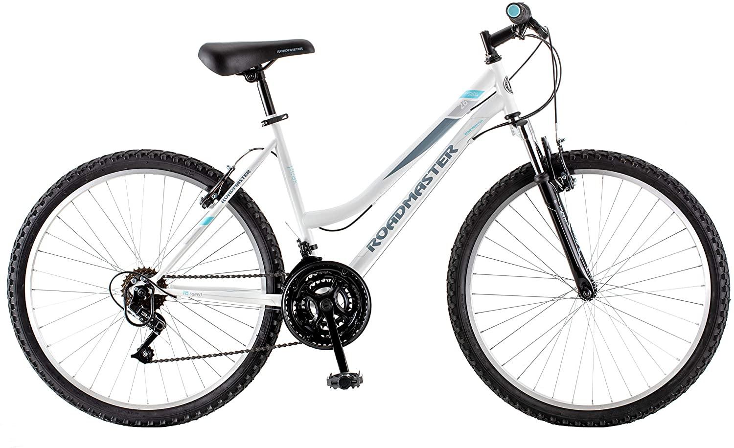 Roadmaster Granite Peak Women’s Bike 26′′ – White, Front Suspension, 18-Speed