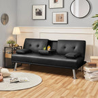 Yaheetech Convertible Sofa Bed Adjustable Couch Sleeper Modern Faux Leather Home Recliner Reversible Loveseat Folding Daybed Guest Bed, Removable Armrests, Cup Holders, 3 Angles, 772lb Capacity, Black