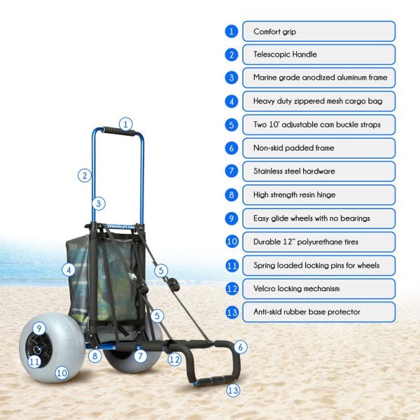 My Beach Cart Heavy Duty Folding Cart with 12′′ Balloon Tires, Aluminum Frame, Adjustable Handle, Large Mesh Bag for Sand
