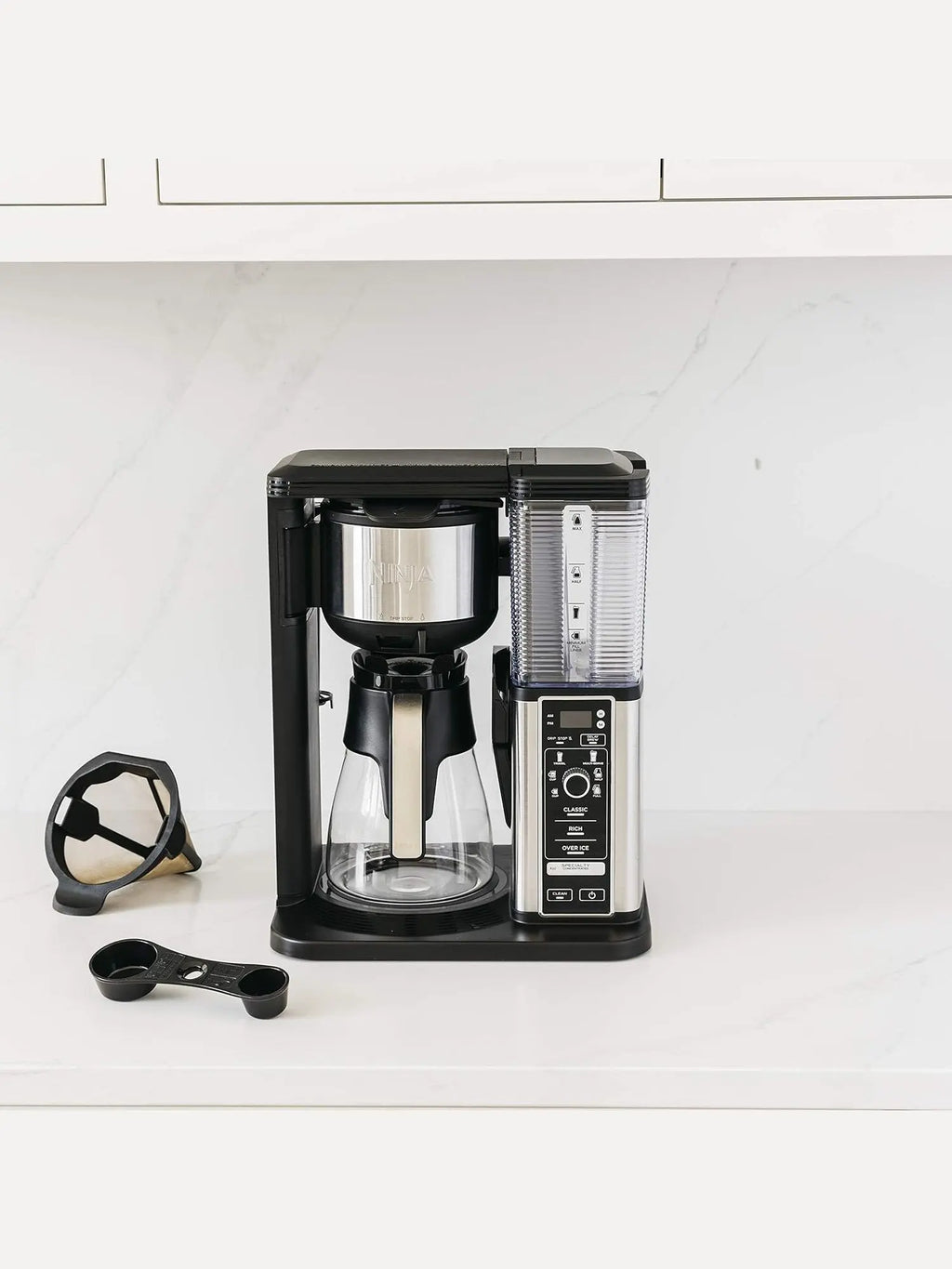 Ninja CM401 Specialty 10-Cup Coffee Maker with 4 Brew Styles for Ground Coffee, Built-in Water Reservoir, Fold-Away Frother & Glass Carafe, Black