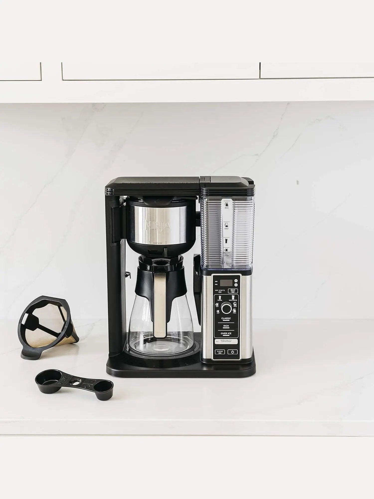 Ninja CM401 Specialty 10-Cup Coffee Maker with 4 Brew Styles for Ground Coffee, Built-in Water Reservoir, Fold-Away Frother & Glass Carafe, Black