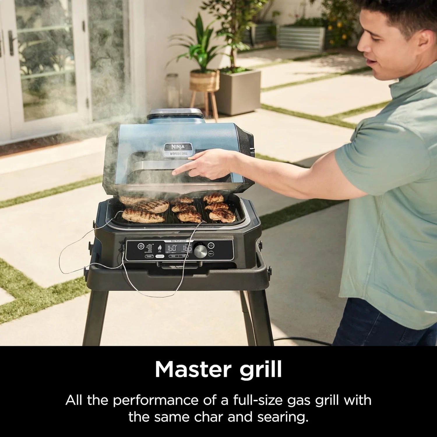 Ninja, Woodfire Pro XL Outdoor Grill & Smoker, Thermometer, 4-in-1 Master Grill, BBQ Smoker, Outdoor Air Fryer, Bake, Portable, Electric Grill, Dark Grey, OG850
