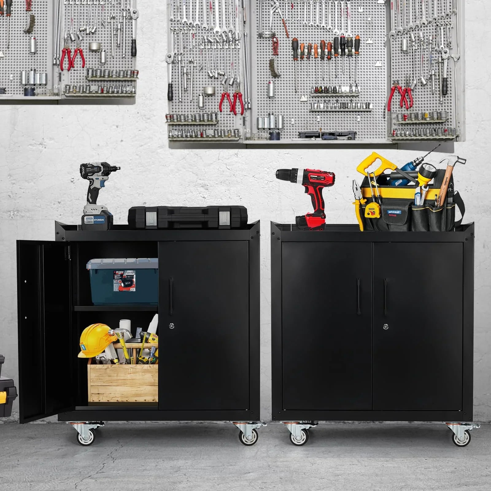 Garage Storage Cabinet with Wheels, 2 Door Tool Cabinet with Adjustable Shelves, Metal Lockable Tool Cabinet, Rolling Tool Chest for Home, 34 H x 30.3 L x 18 W, Assembly Required