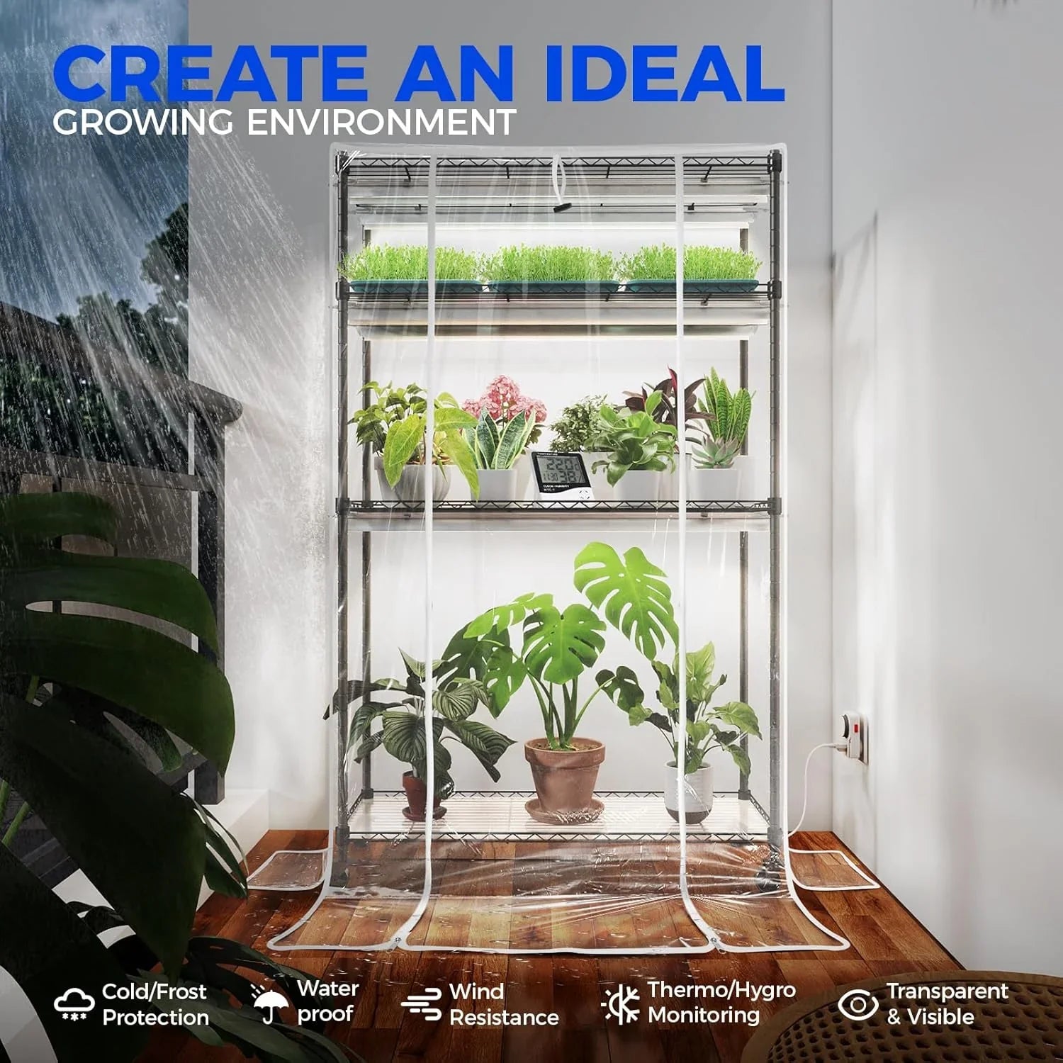 Barrina Mini Greenhouse with LED Grow Light for Indoor Plant, 4-Tier Portable Metal Plant Stand with Wheels, Plant Shelf with Tent, 6Pcs Plant Light with Timer and Thermo-Hygrometer, 35.4x13.8x59IN