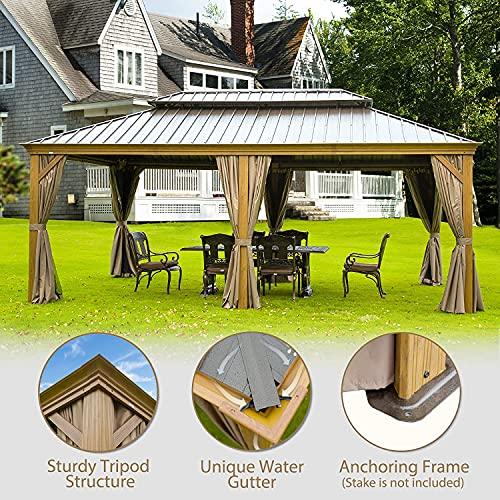 Outdoor Hardtop Gazebo 2021 New – Galvanized Steel Double Roof,Patio Gazebo Canopy with Privacy Curtains and Netting,WoodLooking Finish Aluminum Frame Cavus 12'X20′ by domi outdoor living