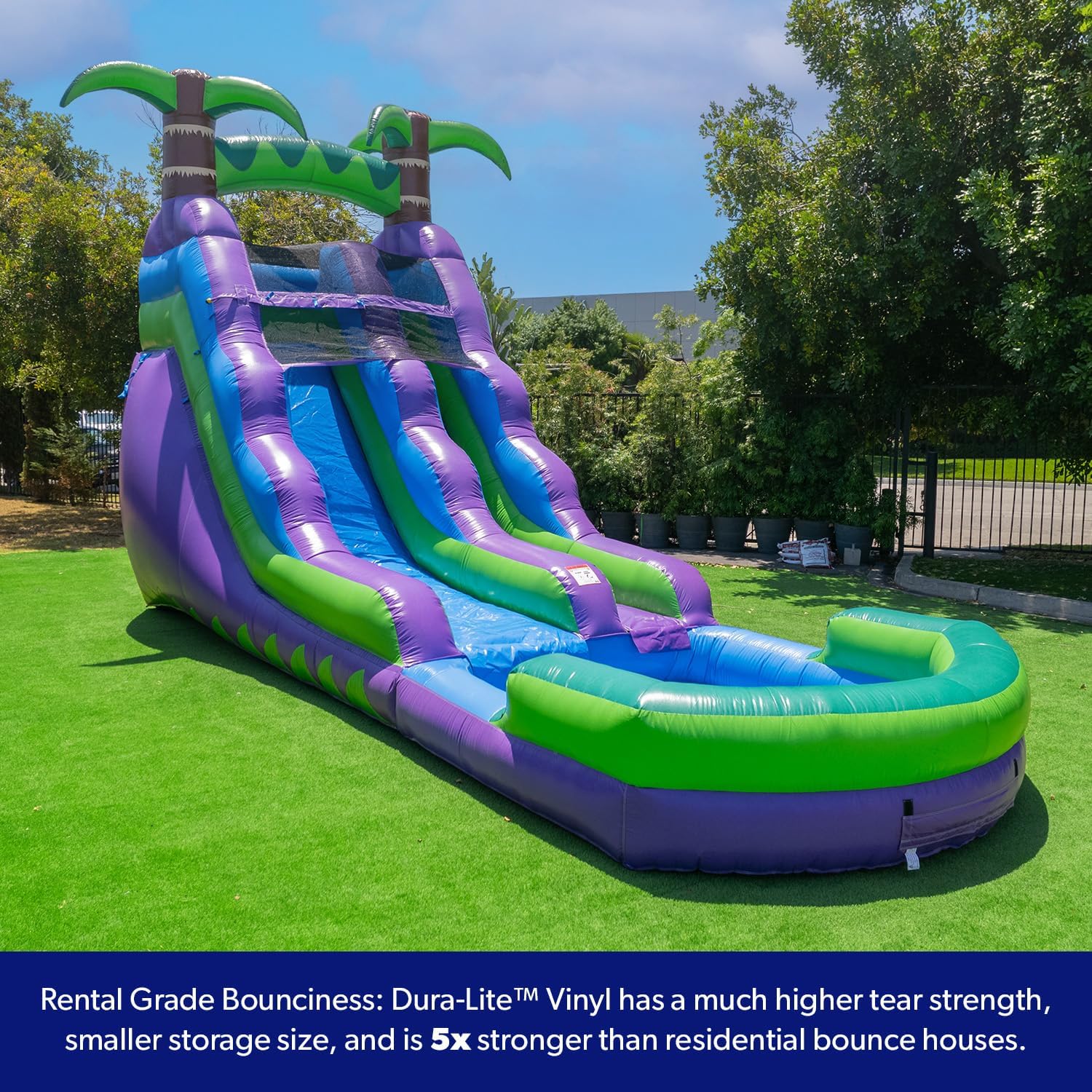 HeroKiddo 16’ Purple Tropical Lightweight Premium Commercial Grade Water Slide Inflatable with Attached Pool for Kids and Adults (with Blower), Wet Dry Use, Summer Fun