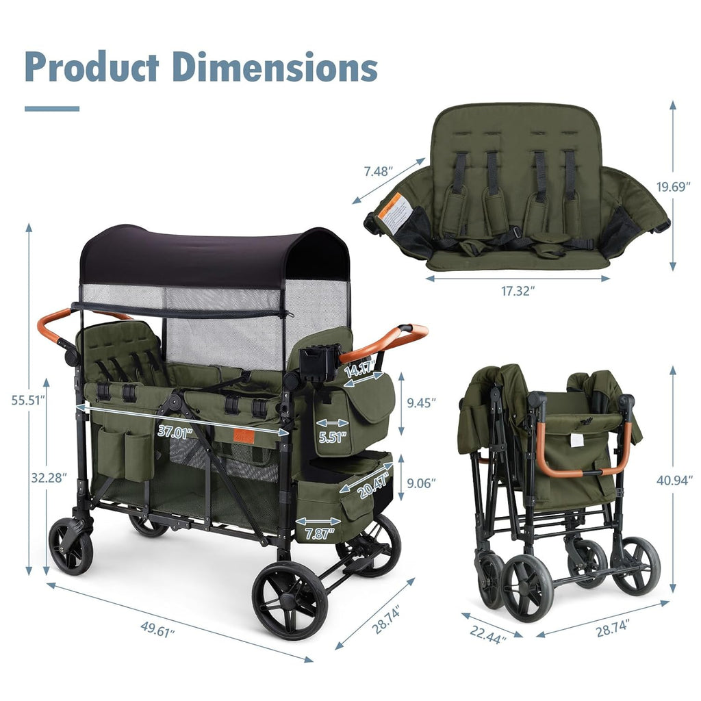 Wagon Stroller for 4 Kids, All-Terrain Wagon for Toddler with Canopy, Parent Organizer, Shoulder Bag, Adjustable Handlebar, Phone Holder, High Seat & 5 Point Harness, Ultimate Quad (Black)