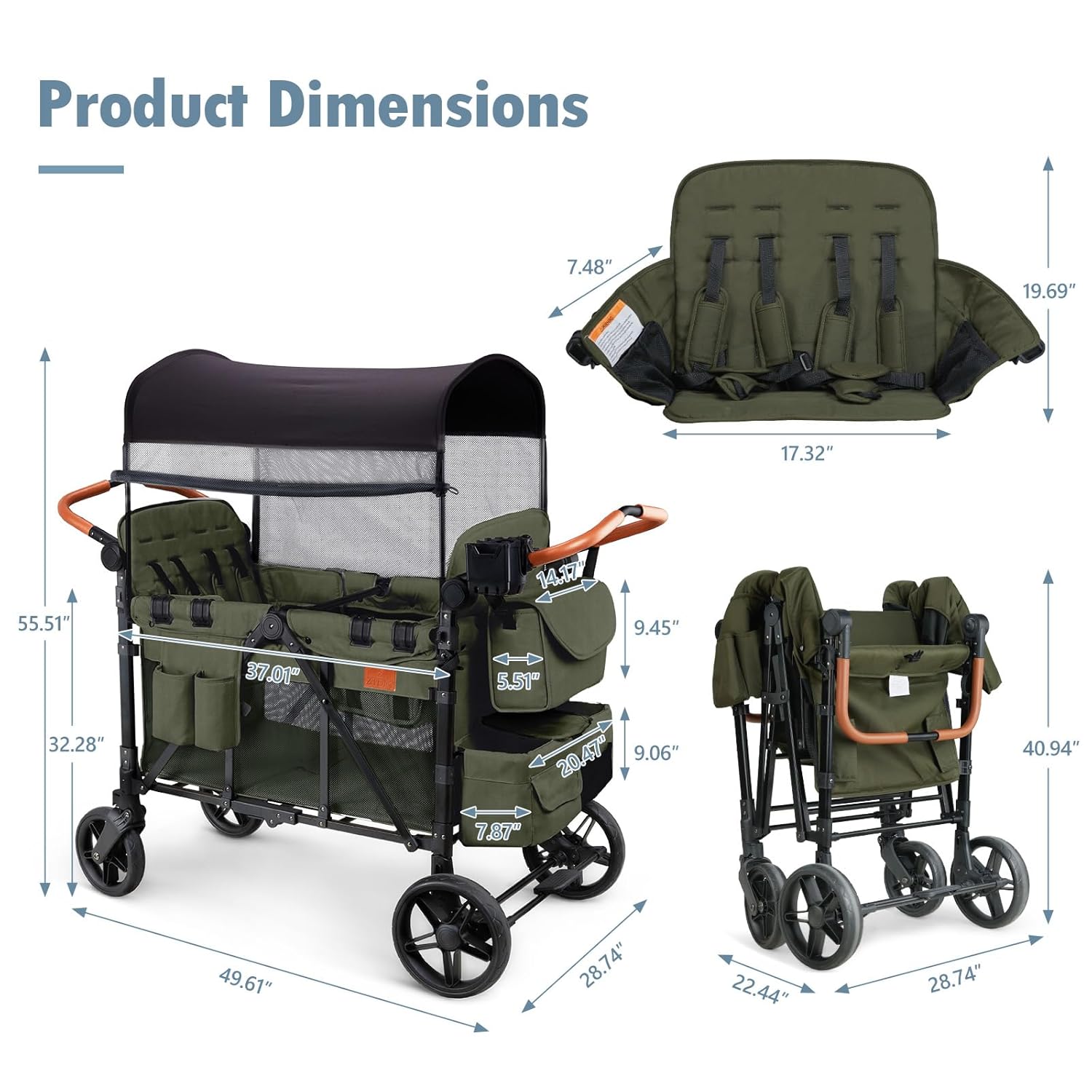 Wagon Stroller for 4 Kids, All-Terrain Wagon for Toddler with Canopy, Parent Organizer, Shoulder Bag, Adjustable Handlebar, Phone Holder, High Seat & 5 Point Harness, Ultimate Quad (Black)