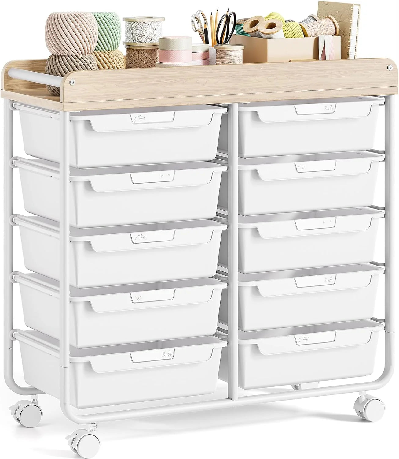 Rolling Storage Cart with 10 Large Drawers, Utility Cart with Wooden TableTop for Craft Organizers, Art Supply Storage, Home Office Organization, Cart with Wheels for Classroom, School, Green