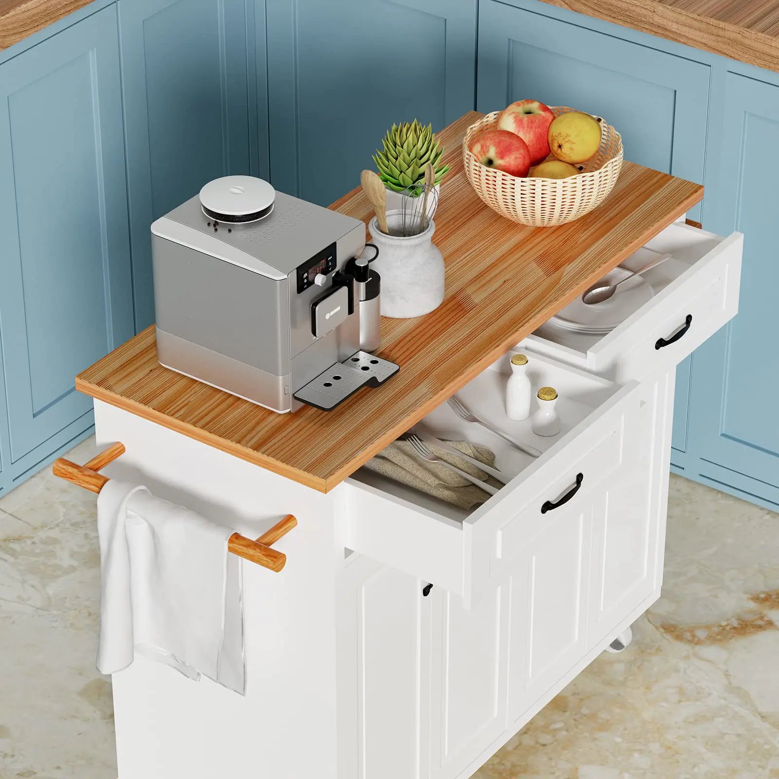 4 EVER WINNER White Kitchen Island with Storage on Wheels, Rolling Kitchen Island Cart with 2 Drawers& 4 Storage Cabinets, Wooden Countertop, Towel Racks, Adjustable Shelves