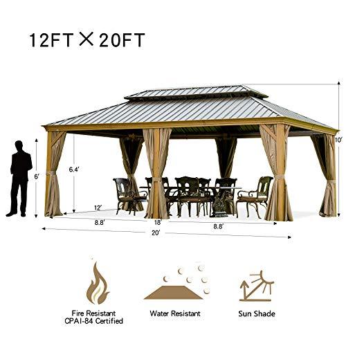 Outdoor Hardtop Gazebo 2021 New – Galvanized Steel Double Roof,Patio Gazebo Canopy with Privacy Curtains and Netting,WoodLooking Finish Aluminum Frame Cavus 12'X20′ by domi outdoor living