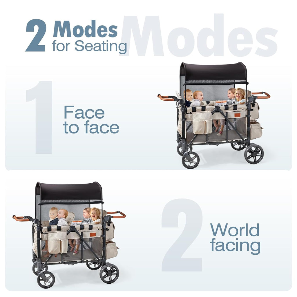 Wagon Stroller for 4 Kids, All-Terrain Wagon for Toddler with Canopy, Parent Organizer, Shoulder Bag, Adjustable Handlebar, Phone Holder, High Seat & 5 Point Harness, Ultimate Quad (Black)