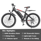 500W Electric Bike 26" Electric Bicycle for Adults with Cruise Control System Ebike