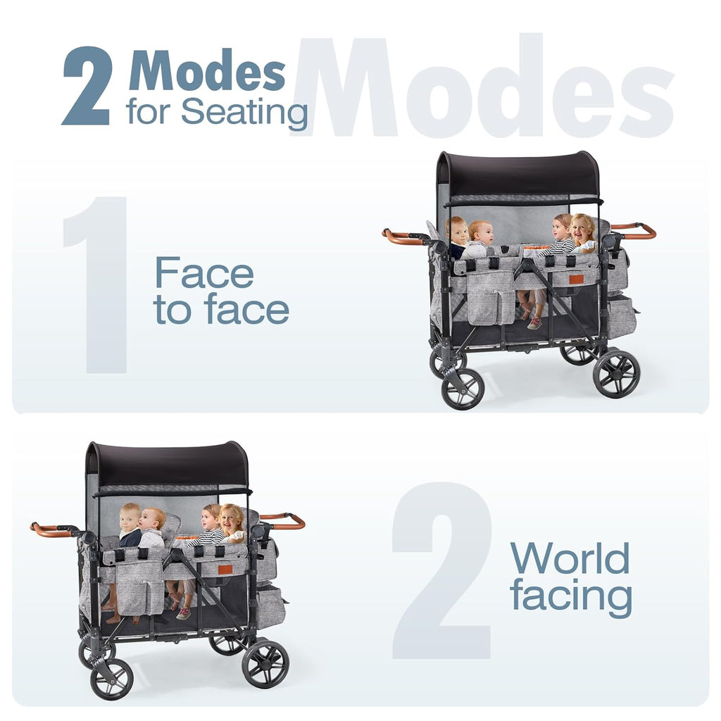 Wagon Stroller for 4 Kids, All-Terrain Wagon for Toddler with Canopy, Parent Organizer, Shoulder Bag, Adjustable Handlebar, Phone Holder, High Seat & 5 Point Harness, Ultimate Quad (Black)
