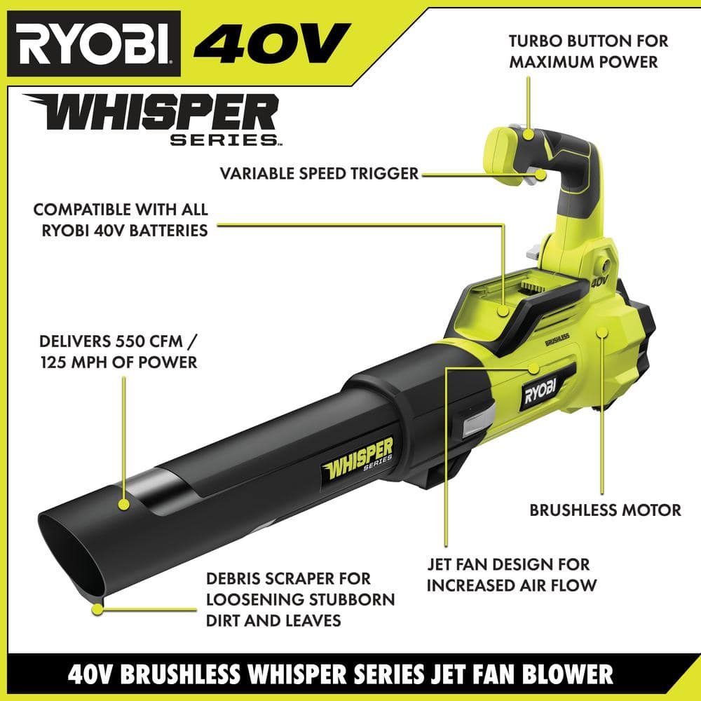 40V Brushless 125 MPH 550 CFM Cordless Battery Whisper Series Jet Fan Blower with 4.0 Ah Battery and Charger RY40470