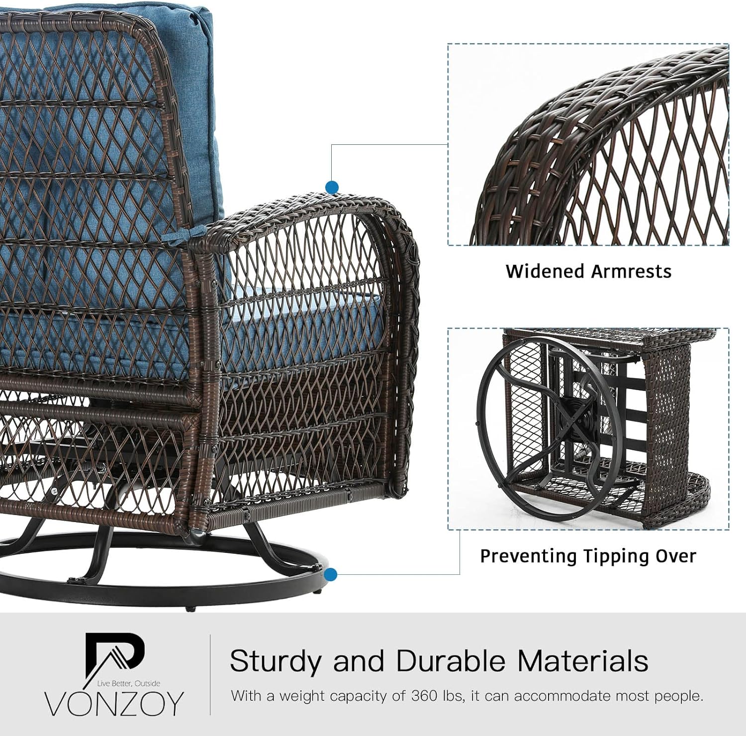 VONZOY 3 Pieces Patio Furniture Set with Rocking Chair, Thickened Cushions