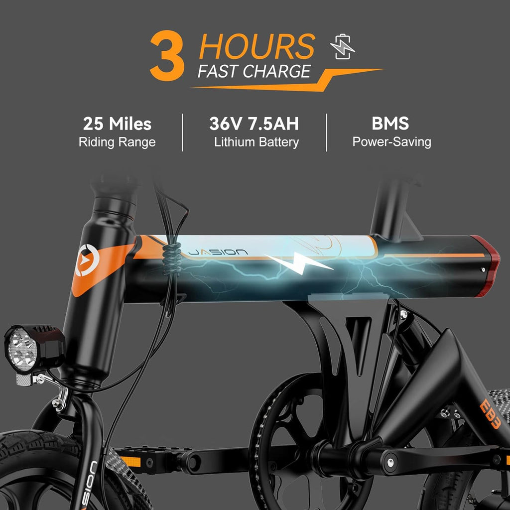 Jasion EB3 Electric Bike Adults 21mph, 500W Peak Motor, 270Wh Battery, Rear Suspension, 3 Levels Assist, 14" Folding Ebike for Adults and Teens, Complies to UL2849