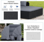RELAX4LIFE Patio Outdoor Daybed with Canopy, Wicker Sunbed w/Cushions, 4 Pillows & 2 Retractable Side Trays, 2-Person Lounge Bed Conversation for Poolside Porch Garden, Rattan Outdoor Bed (Turquoise)